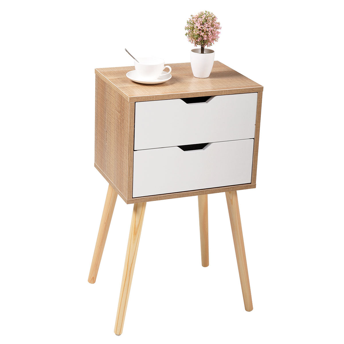 Set of 2 Wooden Modern Nightstand with 2 Drawers and 4 Solid Splayed Legs, Living Room Bedroom Furniture- White
