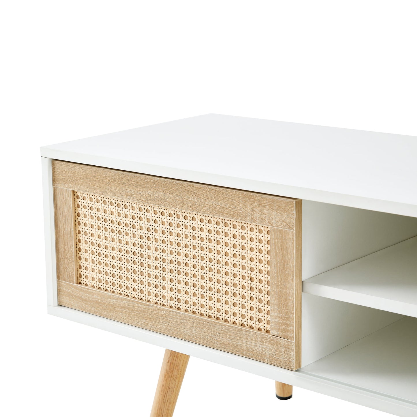 55.12 Rattan TV cabinet, double sliding doors for storage, adjustable shelf, solid wood legs, TV console for living room , White